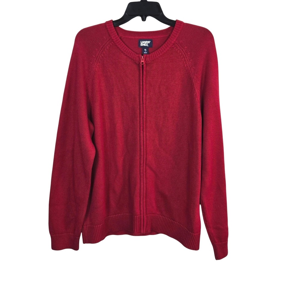 Lands End Womens Red Full Front Zip Preppy Cotton Cardigan Sweater XL Holiday